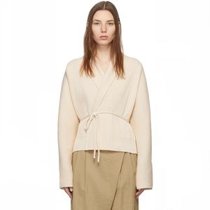 Le 17 Septembre Cream Ribbed Oversized Shawl-Lapel Tie-Waist Knit Cardigan M